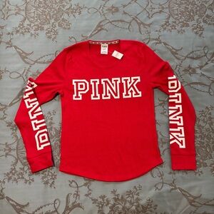 Victoria's Secret PINK Thermal Waffle Knit Long Sleeve Shirt Red White Large